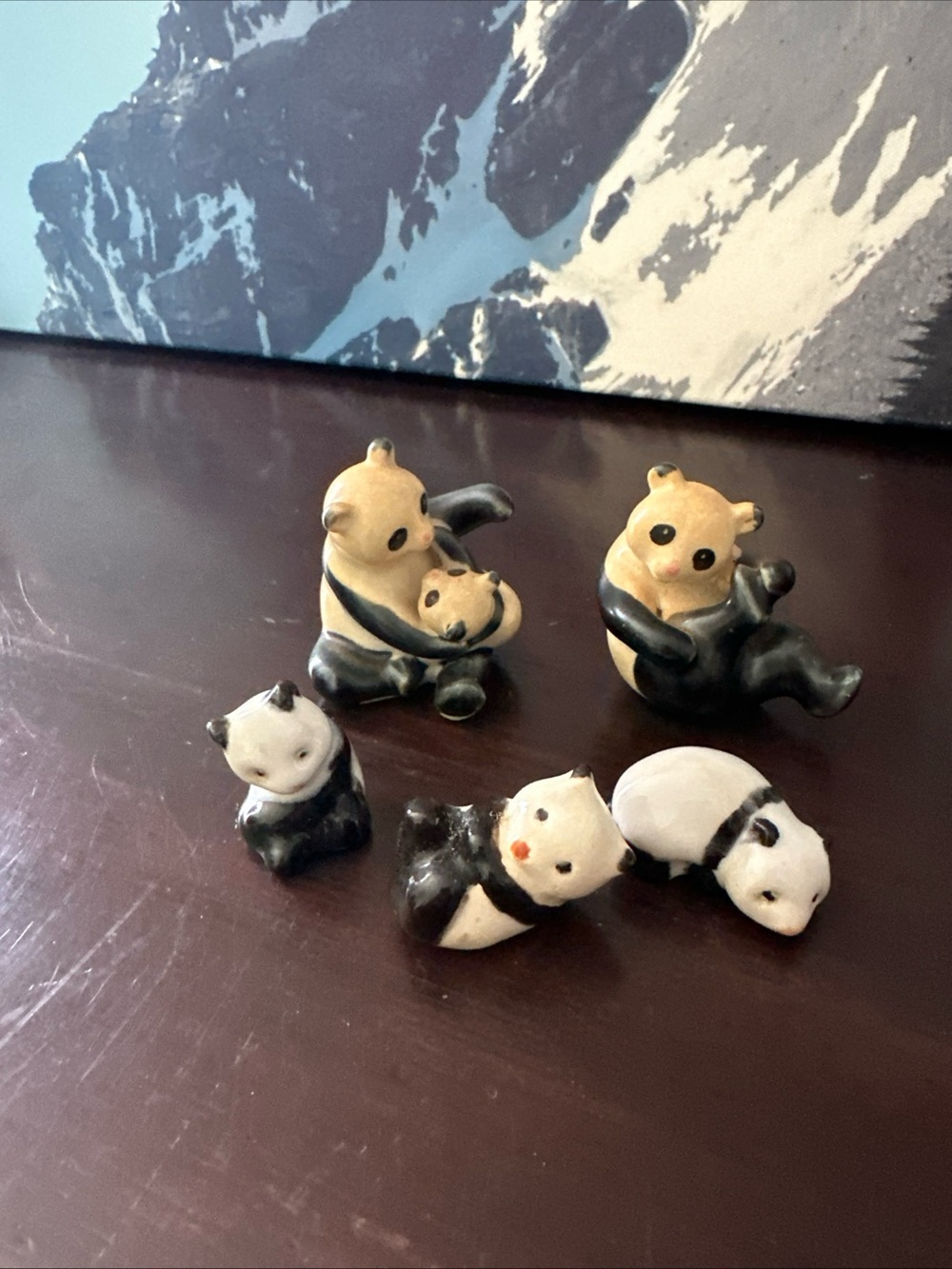 Hand-Painted Ceramic Panda Figurine Set - Black, White, Tan